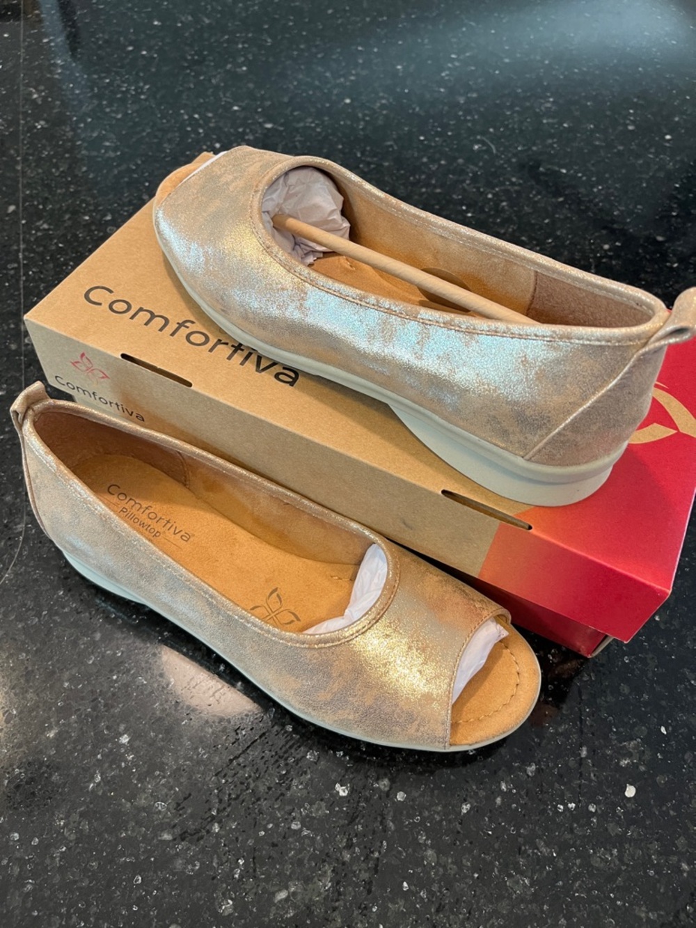 Comfortiva Metallic Gold Open-Toe Slip-On Flats